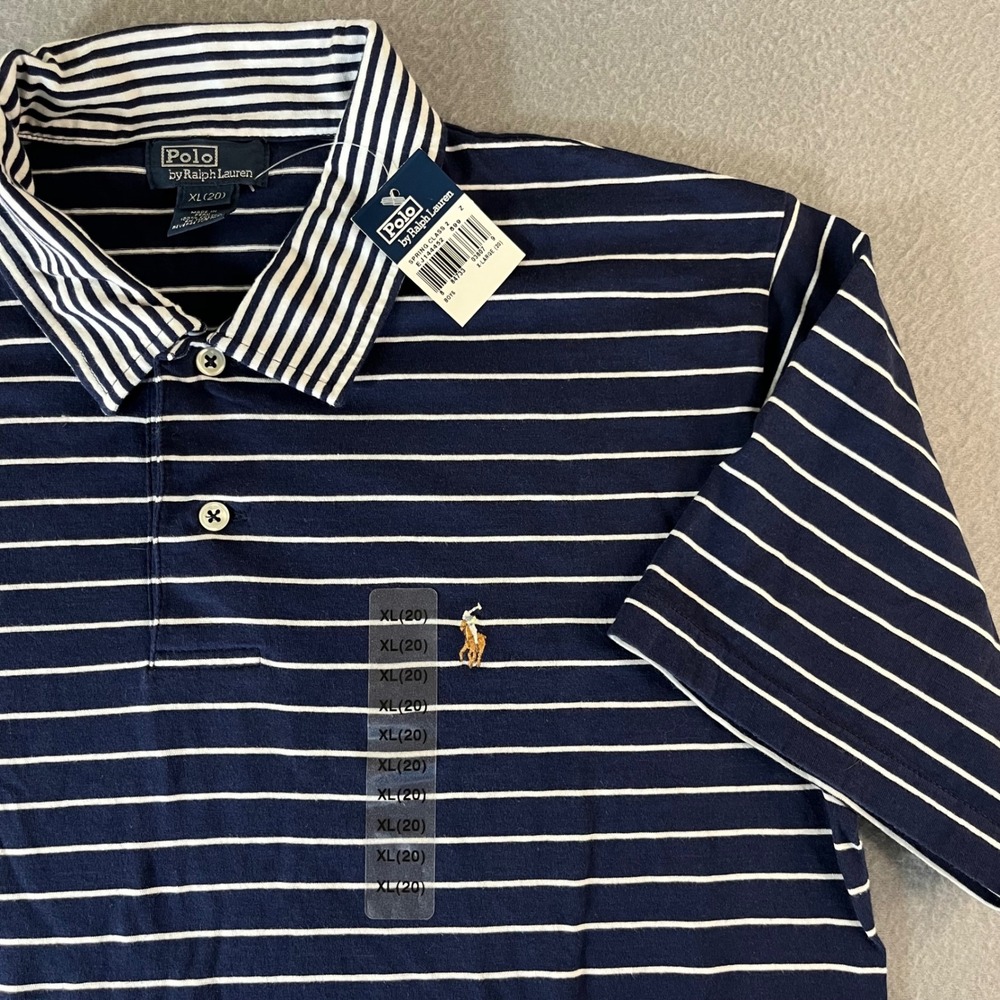 NWT Polo Ralph Lauren Boys XL 20 Navy Blue White Striped Short Sleeve Polo Shirt